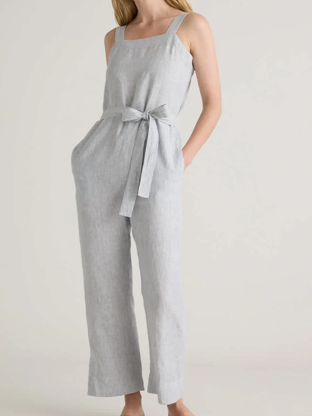 Quince Women’s Linen Square Neck Jumpsuit in Blue Pinstripe NO WAIST TIE!!